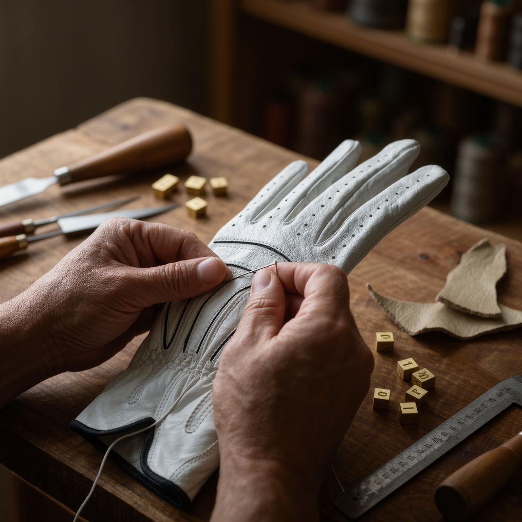 A GolfingFam glove cut and stitched by hand
