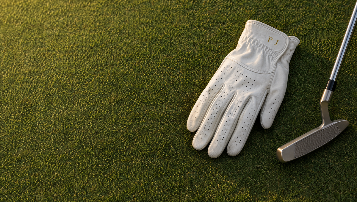 Glove and putter resting on a green at dusk