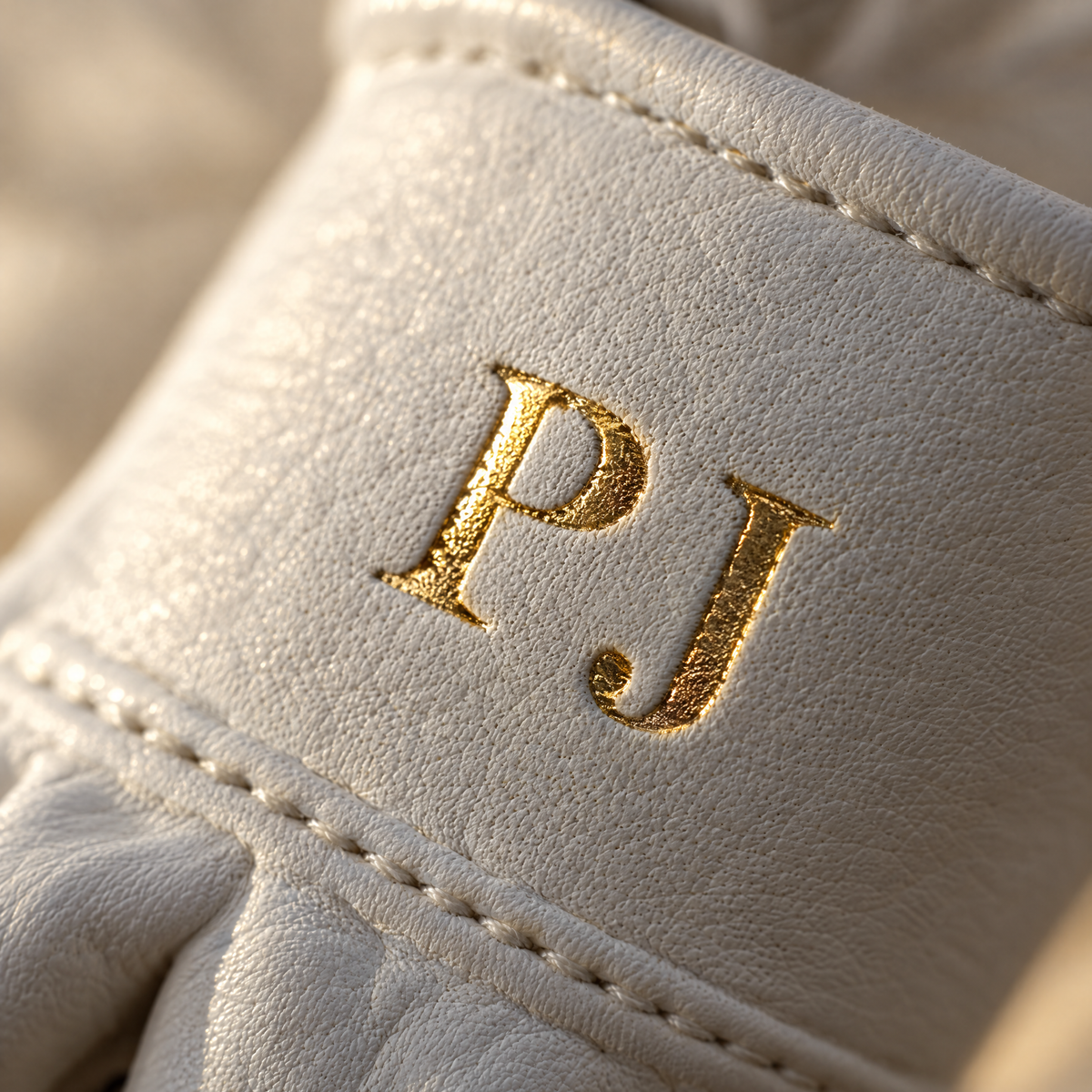 Gold foil initials hot-stamped into the cuff