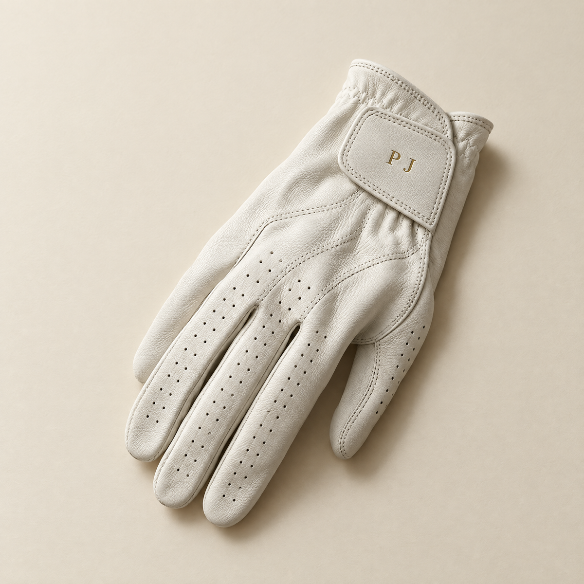 White Lamb Leather golf glove with gold PJ monogram