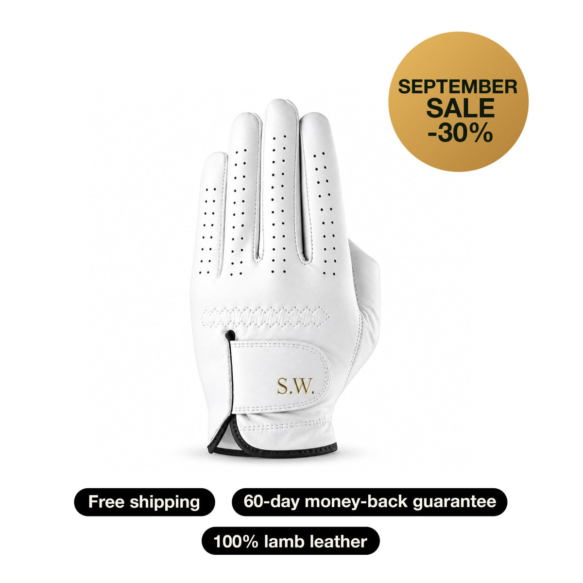 White lamb leather golf glove with gold S.W. monogram — September sale, 30% off