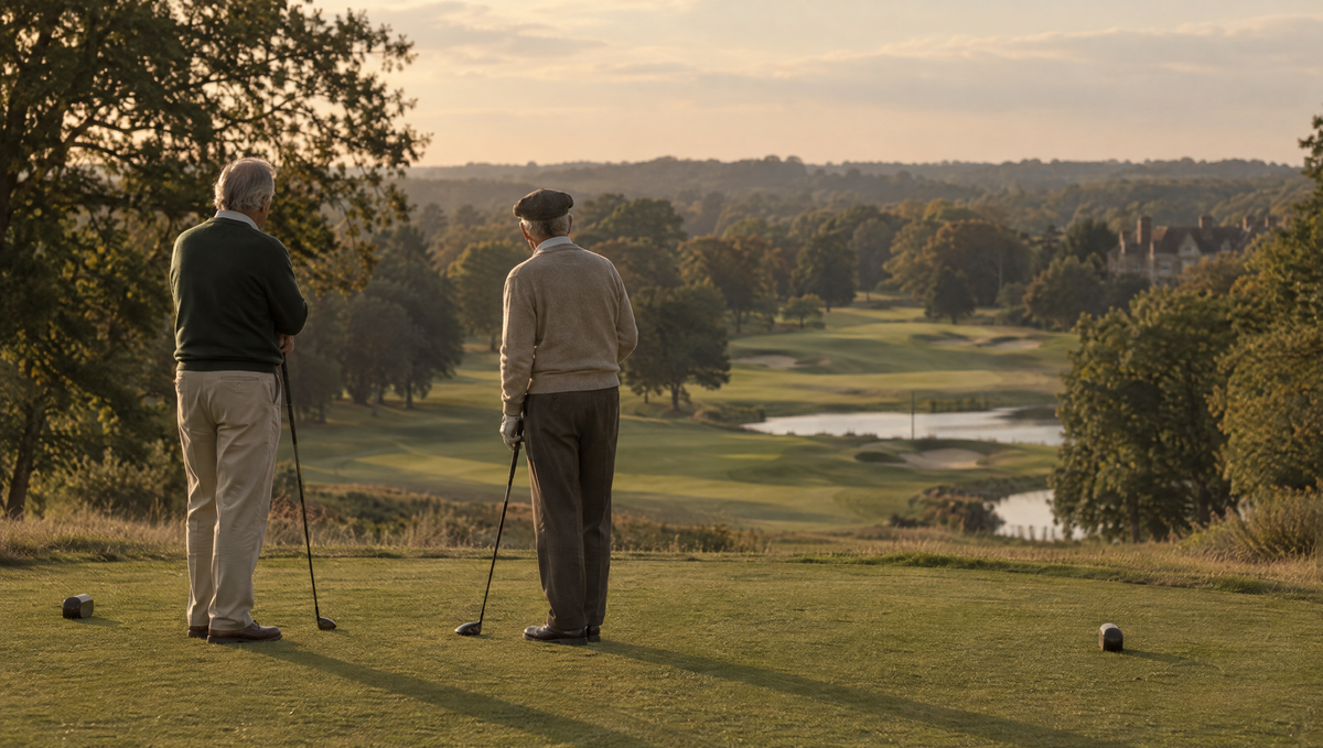 Two golfers on a tee box in late afternoon light