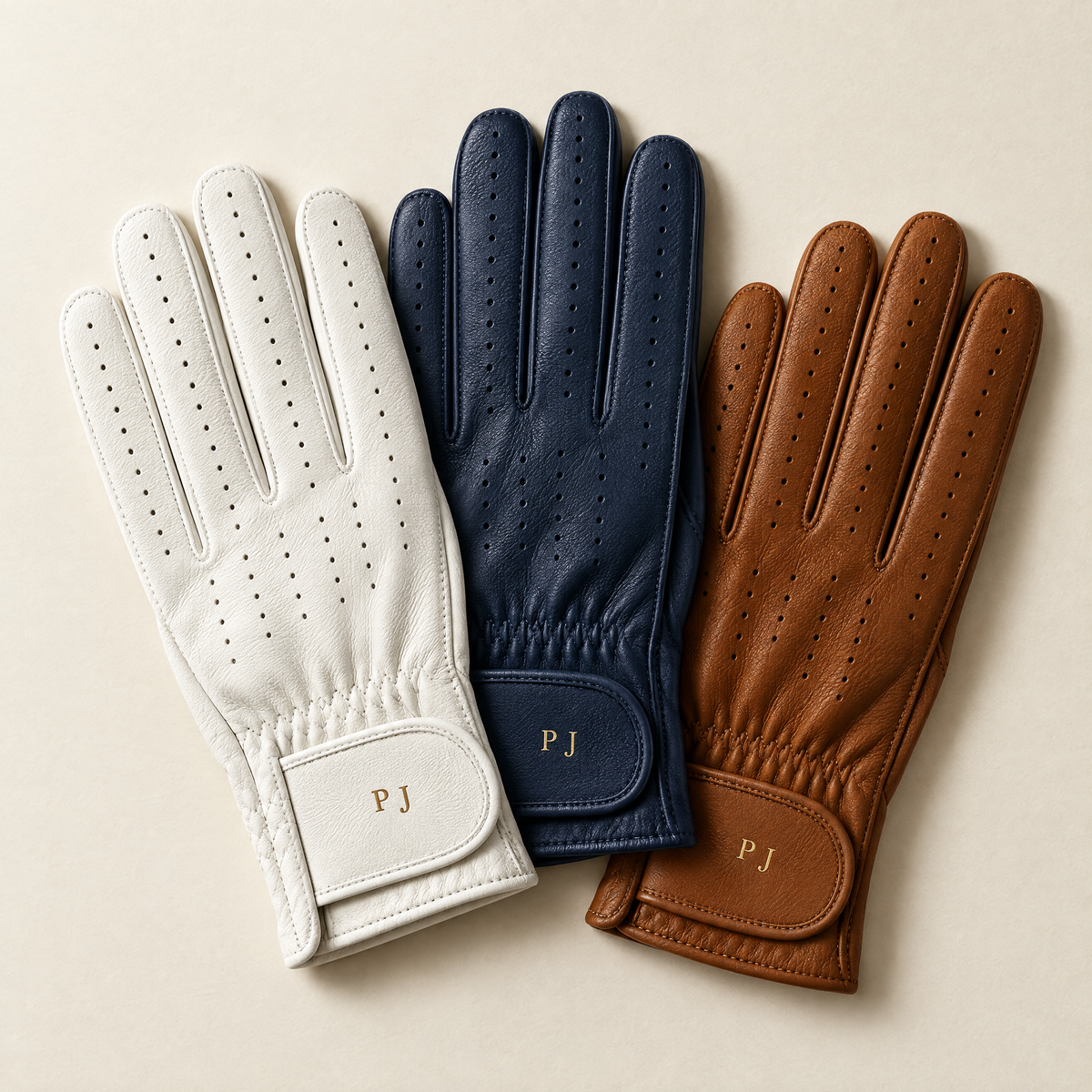 Three personalised gloves fanned out