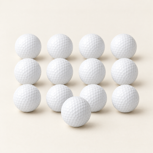 A dozen golf balls arranged in a grid