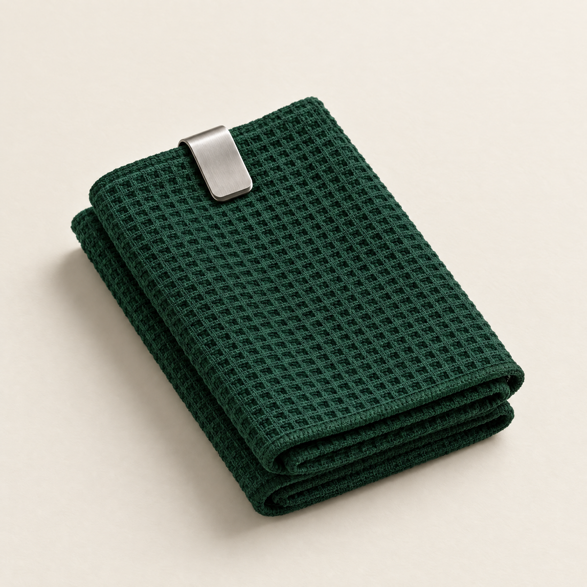 Waffle-weave golf towel with magnetic clip